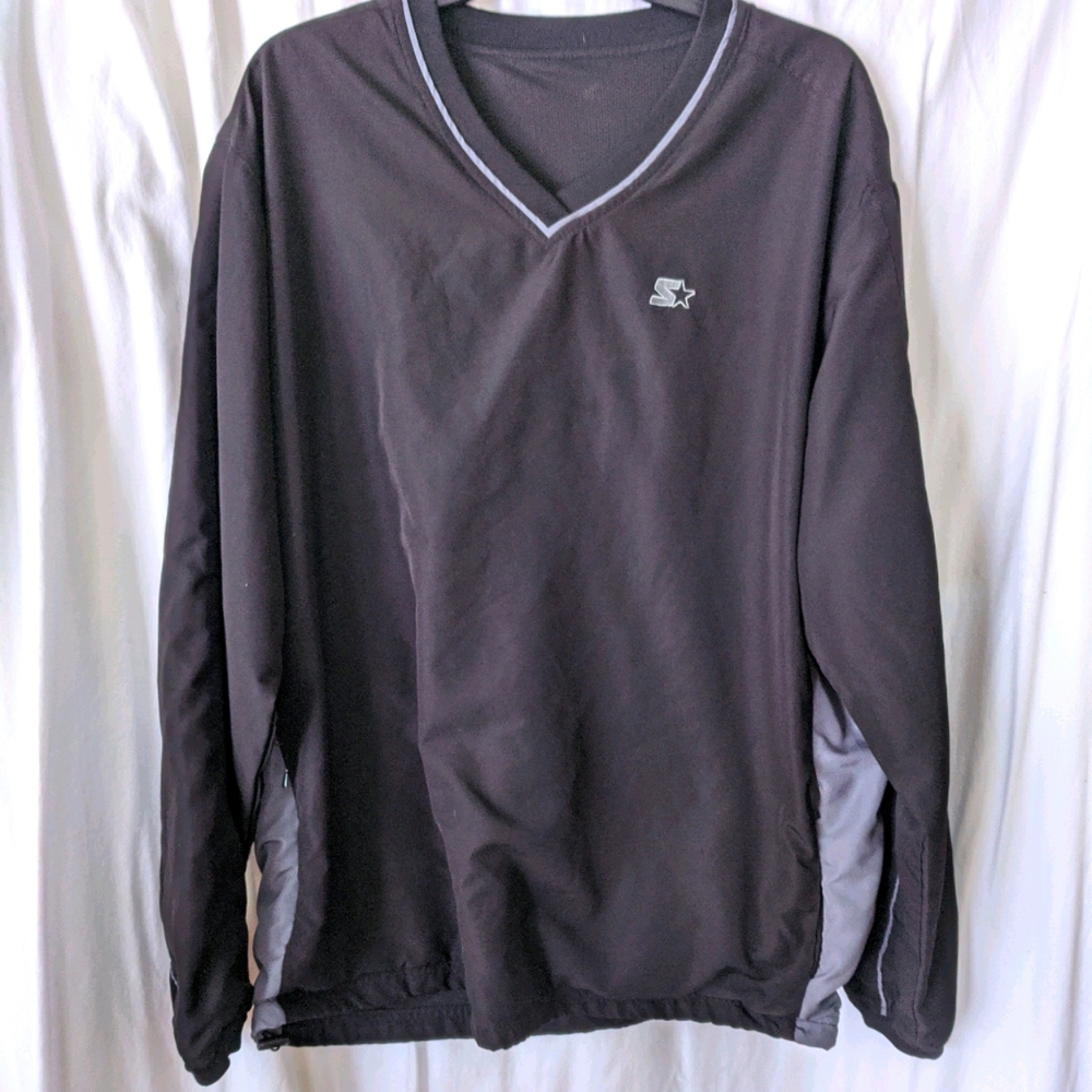 STARTER Black Pop Over Jacket with Silver V-Neck Football Season Size L